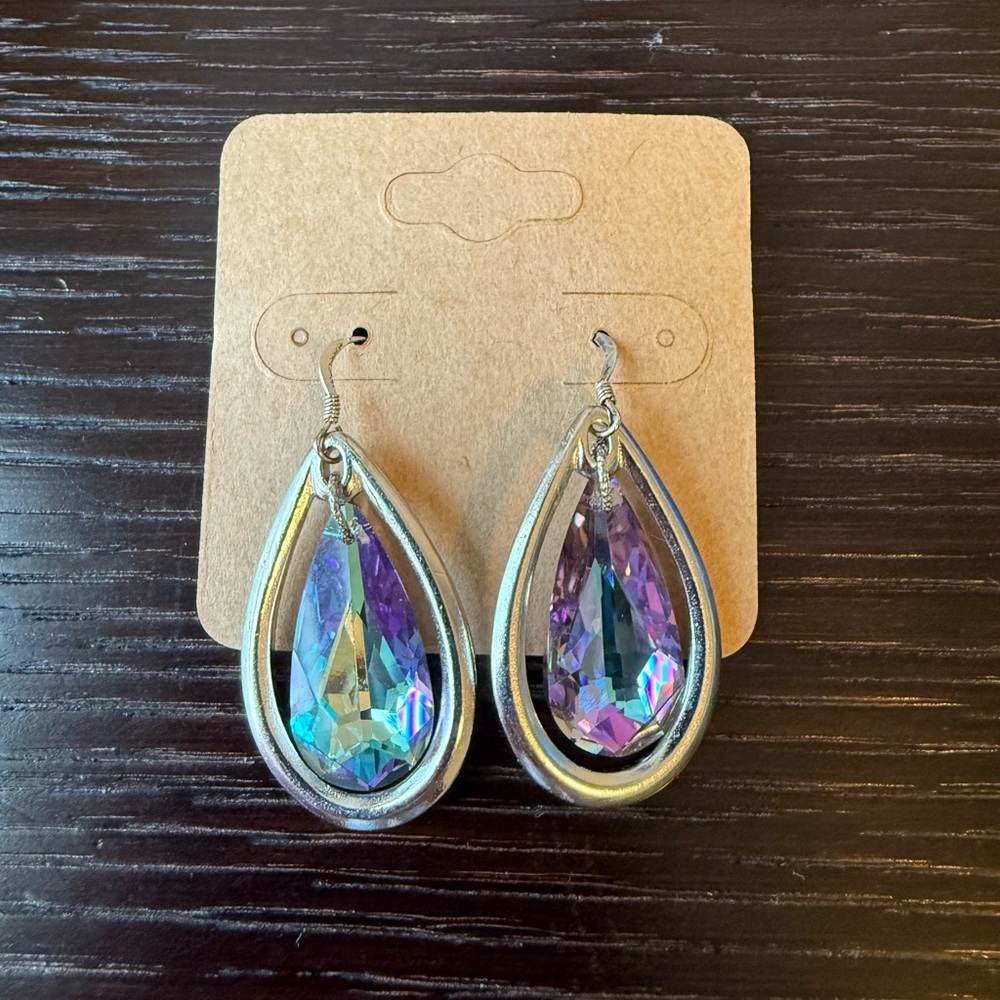 Silver and Purple Iridescent Teardrop Earrings